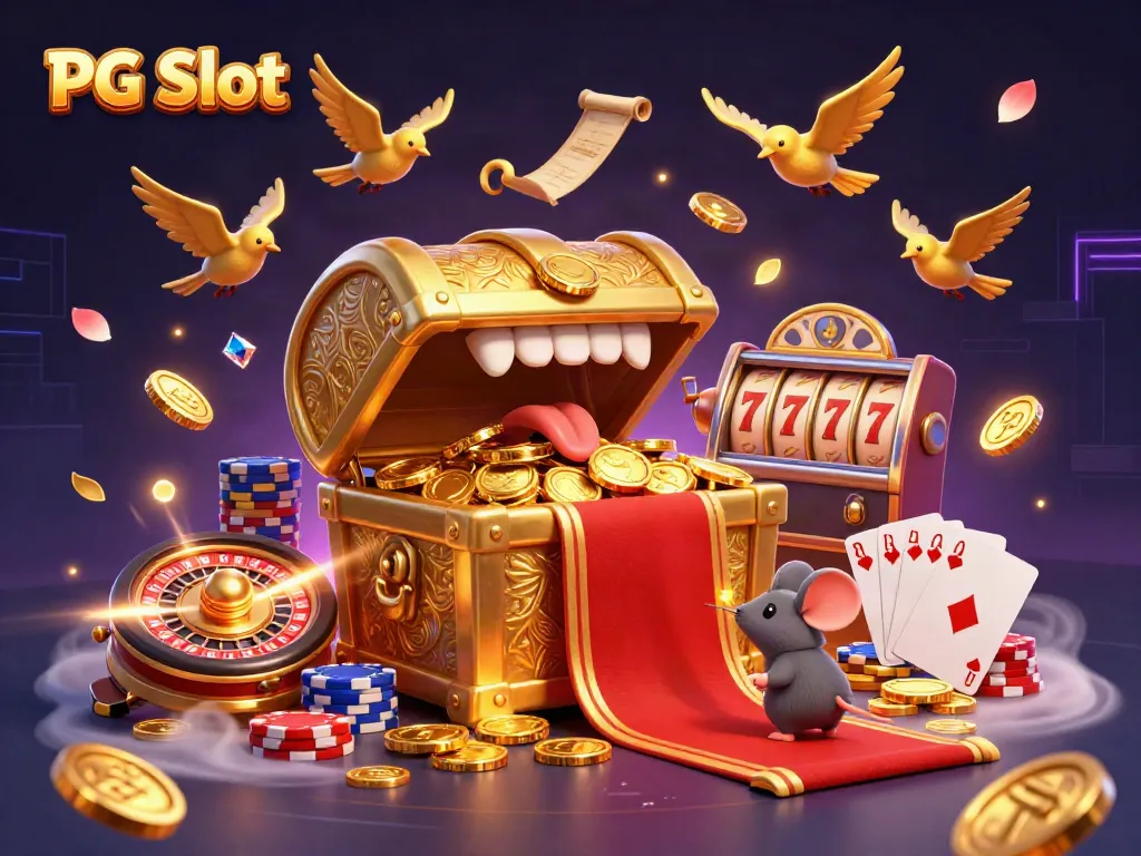 Gali kemenangan dalam PG Slot dengan peti harta karun 3D dan koin emas yang berjatuhan.