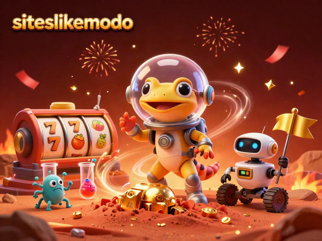 Spin the reels with siteslikemodo's Martian gecko discovering a golden casino adventure