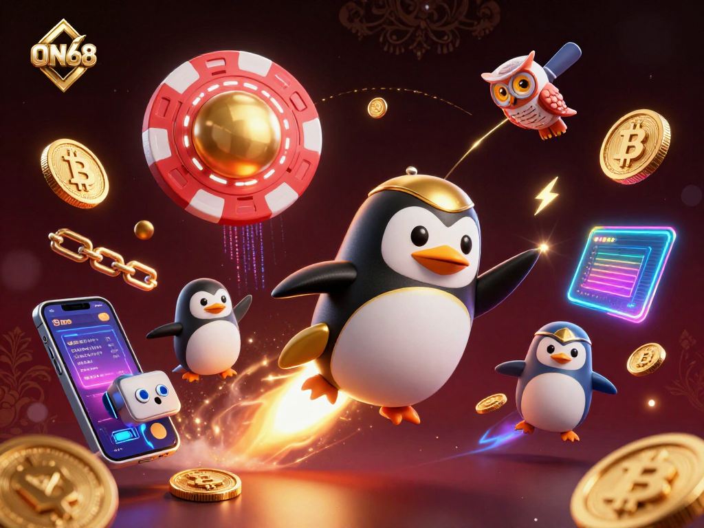 Experience the thrill at ON68 as the golden penguin blasts toward a vibrant casino space station.