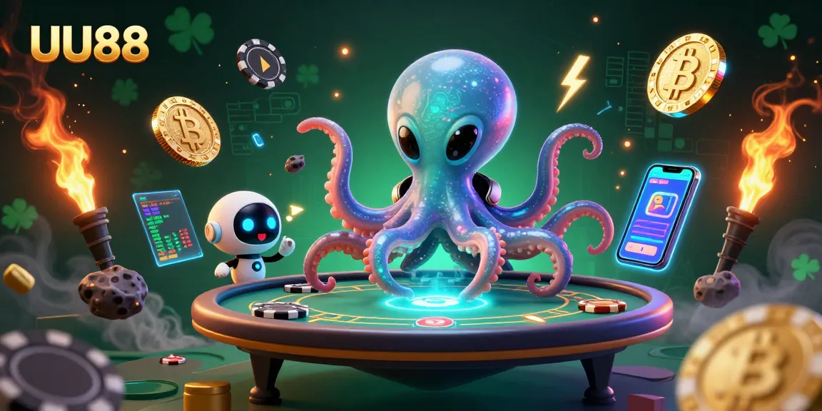 Experience the thrilling UU88 universe with an alien octopus at a holographic poker table.