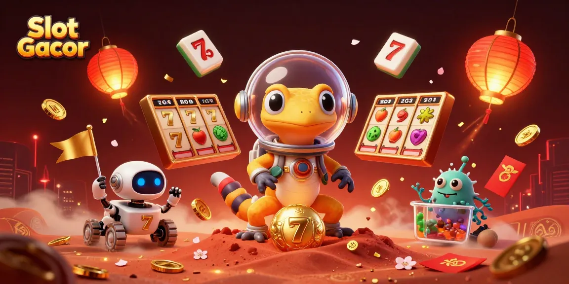 Slot Gacor: 3D ilustrasi ceria dengan karakter dan simbol kasino menyemarakkan suasana permainan.