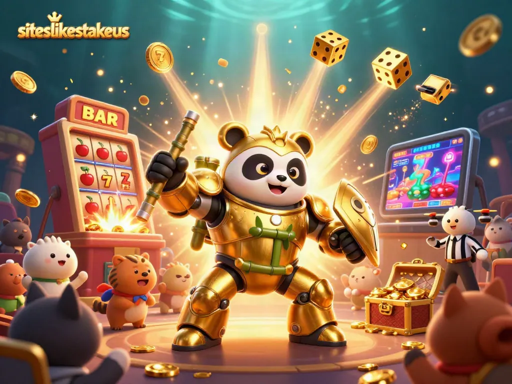 Play thrilling games at siteslikestakeus with a mechanized panda, jackpot spins, and vibrant casino action!
