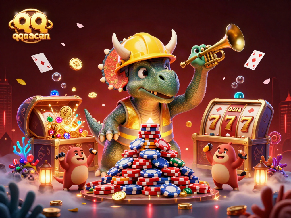 Experience thrilling gaming with qqmacan as a cartoon triceratops builds poker chip towers amidst exciting casino elements.