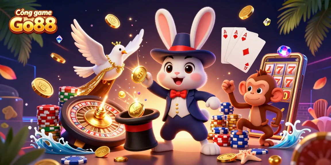 Cổng game Go88 illustration showing a magician rabbit pulling golden coins, amidst vibrant casino elements.