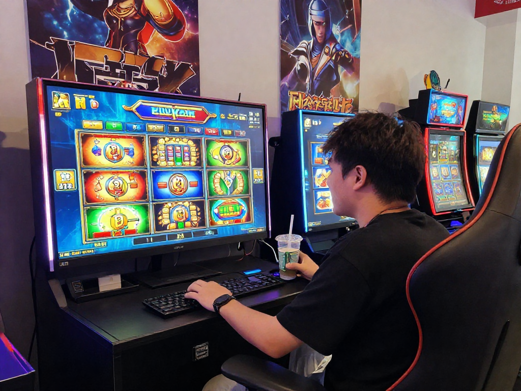 Exciting online gaming experience showcasing a player engaged with slot games on screen, vibrant atmosphere inspired by https://www.benmillerband.com/.