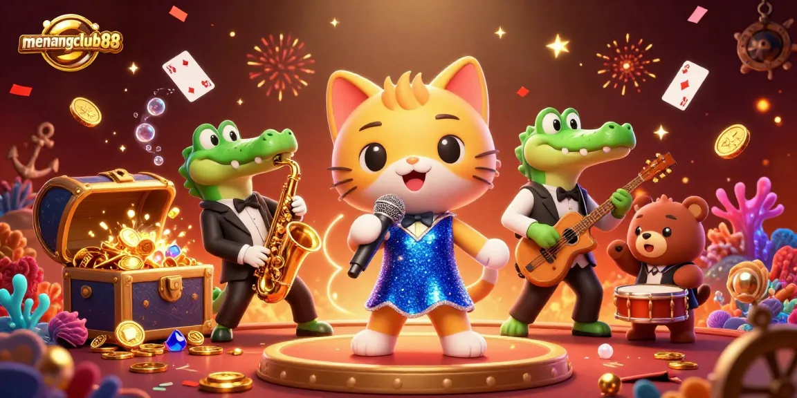 Experience vibrant gaming action with menangclub88 in a lively casino scene featuring unique cartoon characters.