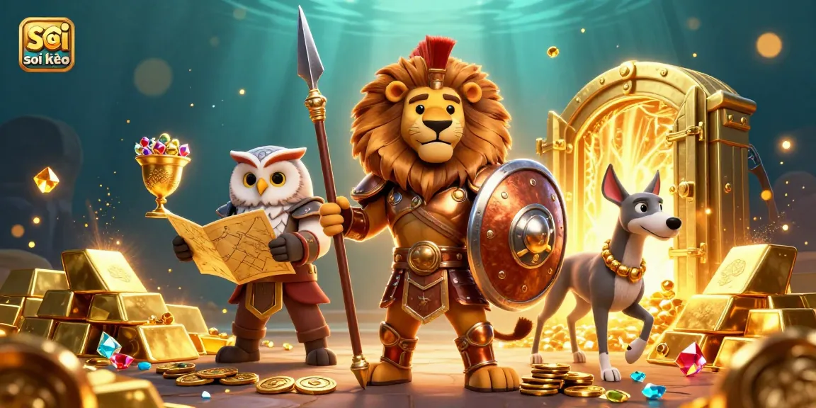 Engage with soi kèo through this vibrant casino scene with our 3D Spartan lion hero among treasures.