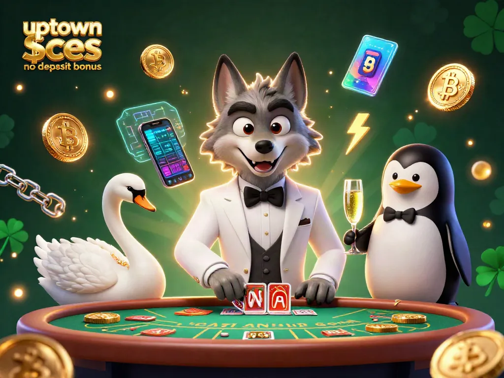 Experience the excitement of the uptown aces $50 no deposit bonus with a lively casino scene featuring cartoon characters and crypto elements.