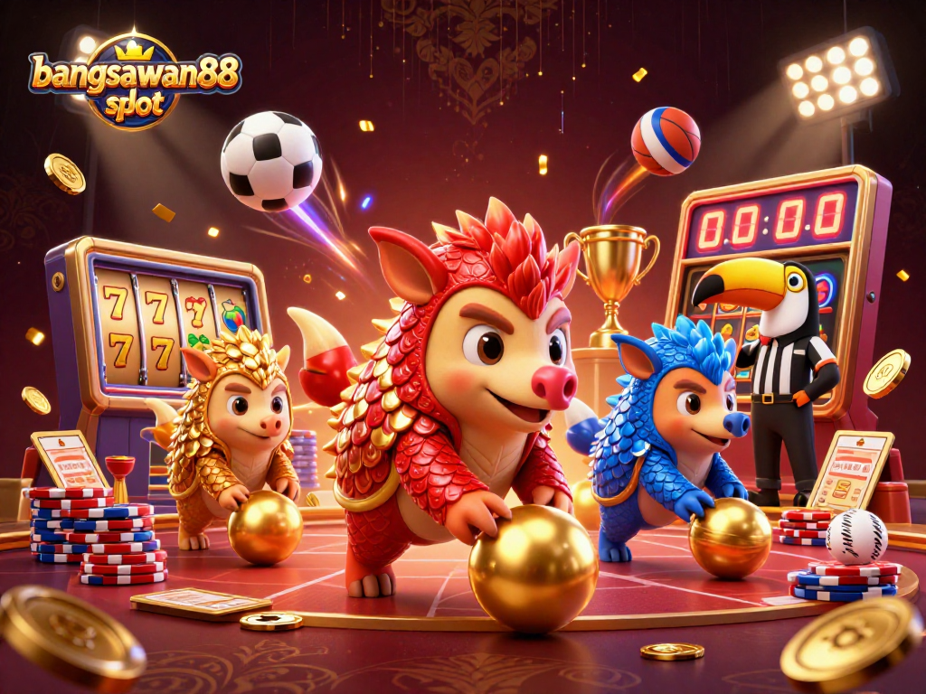 Experience the excitement of bangsawan88 slot with rival pangolins battling amidst vibrant casino elements.