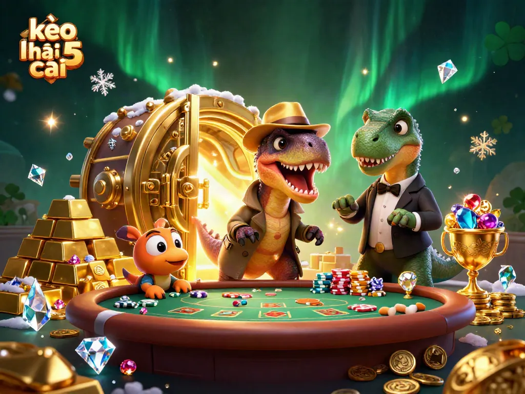 Experience thrilling gameplay with kèo nhà cái 5 as a cartoon velociraptor tries to place bets at a blackjack table.