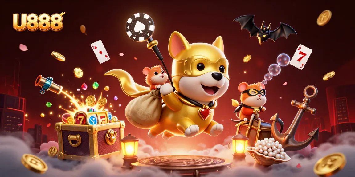 U888 superhero dog promotes winning in a vibrant 3D casino scene filled with dynamic gaming elements.