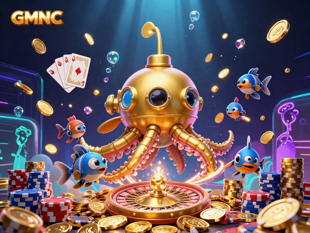 Engage with GMNC through this vibrant 3D casino scene featuring a kraken and golden coins.