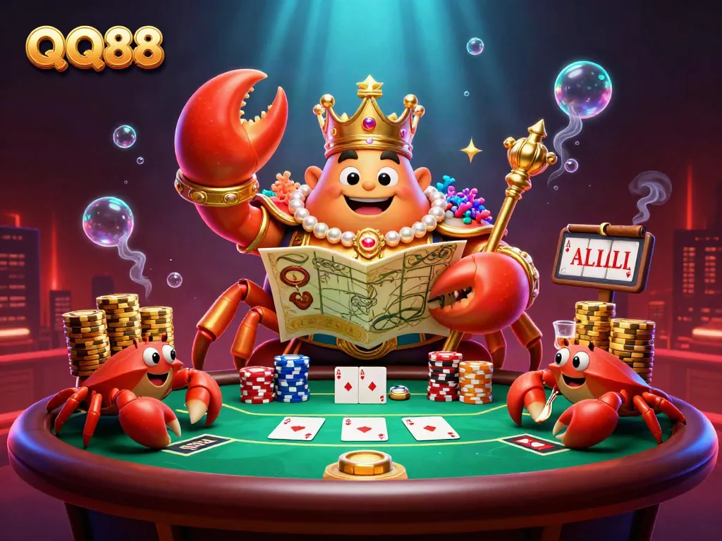 Experience captivating games with QQ88's golden crab emperor amidst vibrant casino elements.