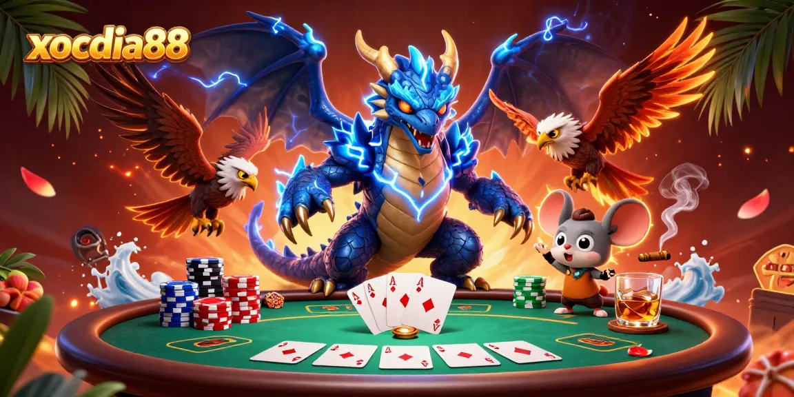Experience the thrilling gaming action at xocdia88 with vibrant casino elements and dynamic characters.