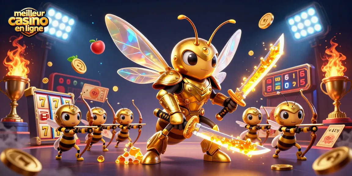 Une illustration animée 3D captivante sur le meilleur casino en ligne, mettant en scène un frelon géant samouraï et des éléments de jeux d'argent.