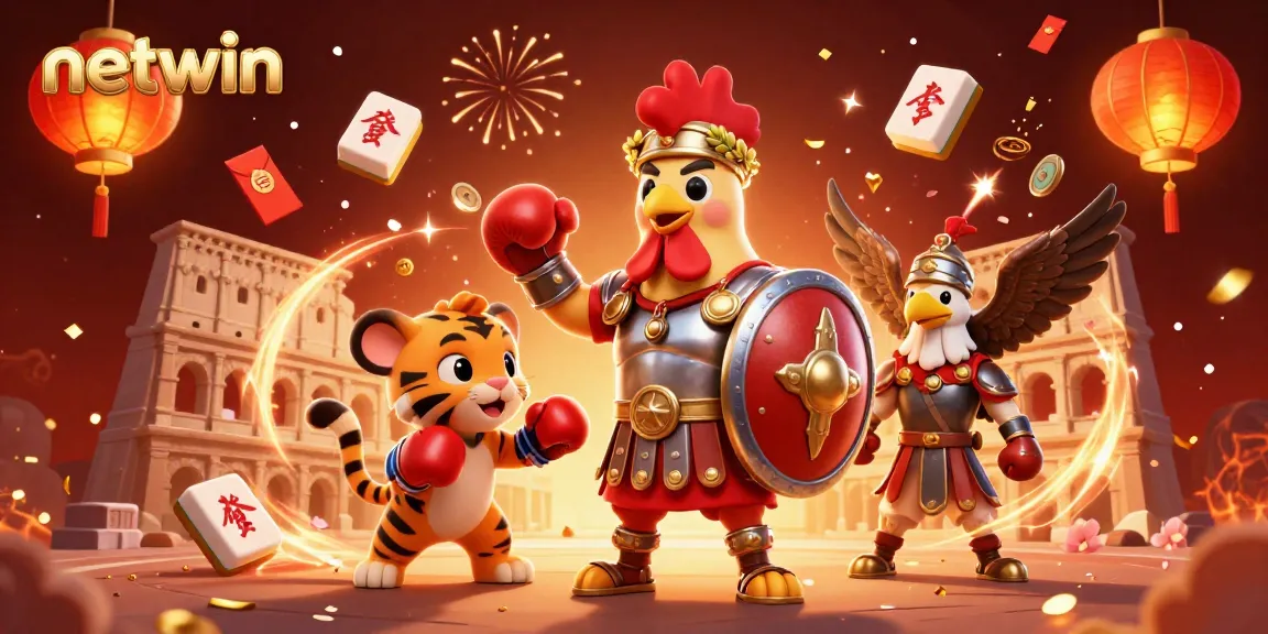 Engage with netwin's thrilling experience featuring a gladiator rooster in a vibrant casino scene.