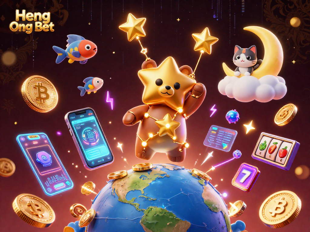 Engage with Heng Ong Bet's immersive gaming experience featuring sparkling coins, slot machines, and crypto elements.