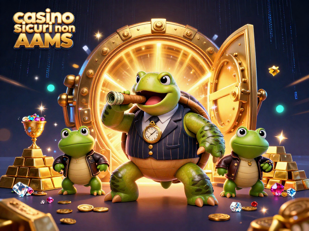 Cattura l'attenzione con un'esclusiva scena di casino sicuri non AAMS, dove una tartaruga stilizzata e due rane fianciarie si godono l'atmosfera di un casinò vibrante.