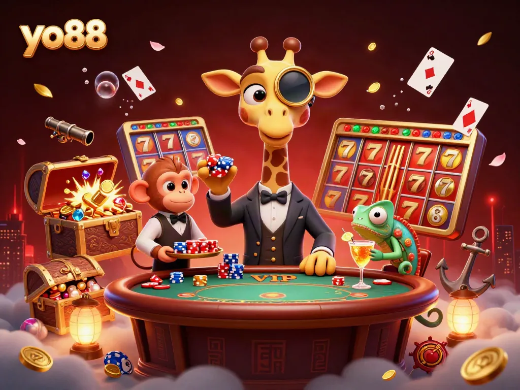 Experience thrilling gaming at yo88 with vibrant characters in a captivating casino atmosphere.