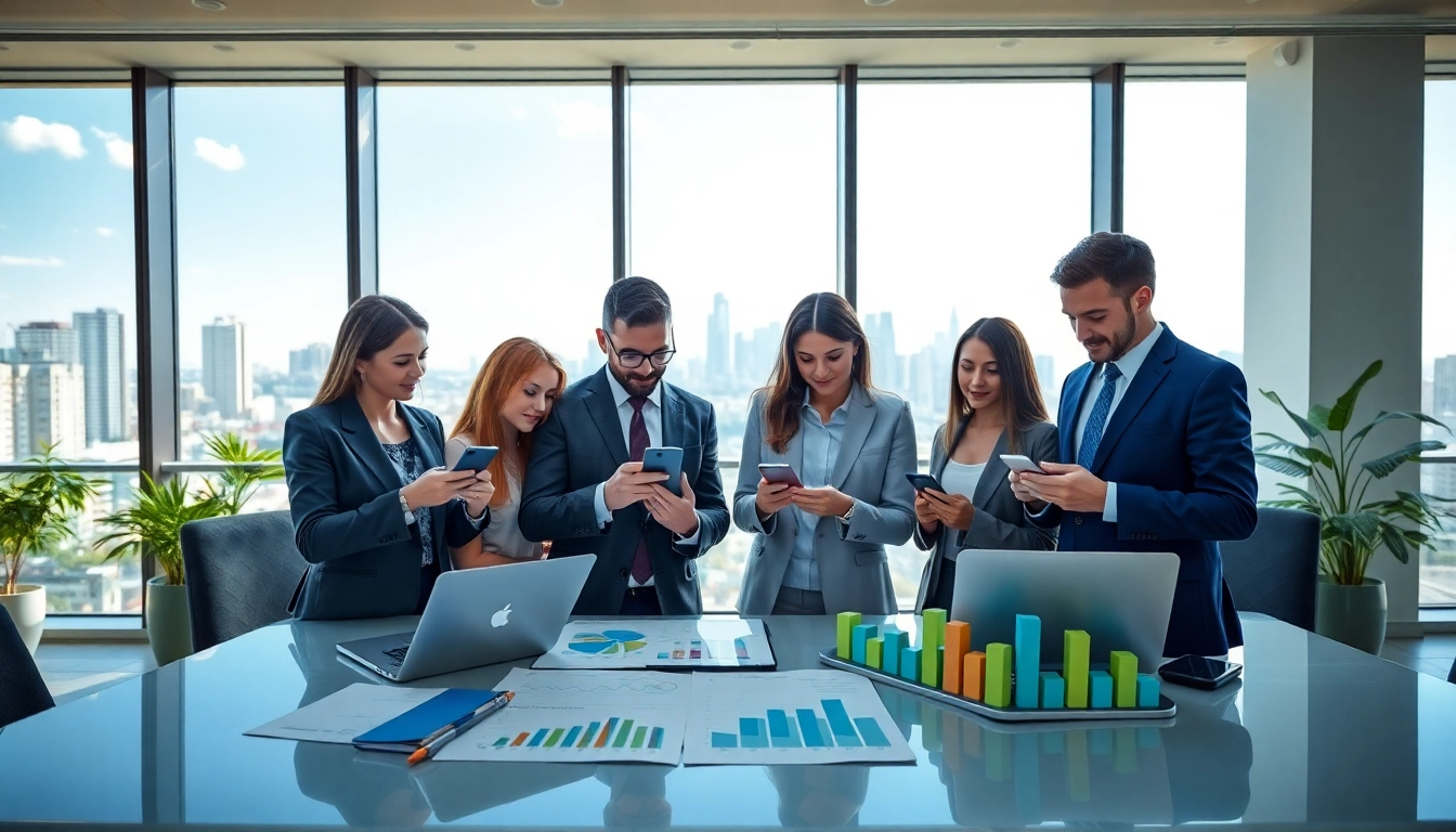 Compare business mobile deals UK with professionals evaluating options in a vibrant office setting.