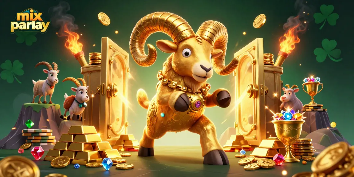 Witness the thrilling mix parlay action with a golden ram charging in a vibrant casino scene filled with treasures.