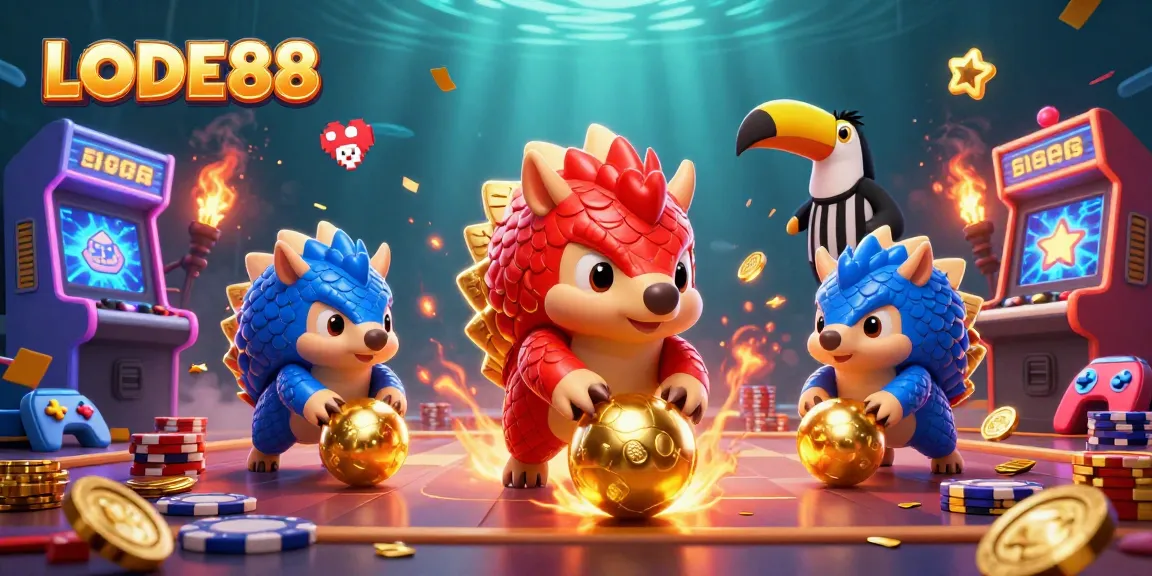 LODE88 pangolins compete in a vibrant casino scene filled with poker chips and arcade machines.
