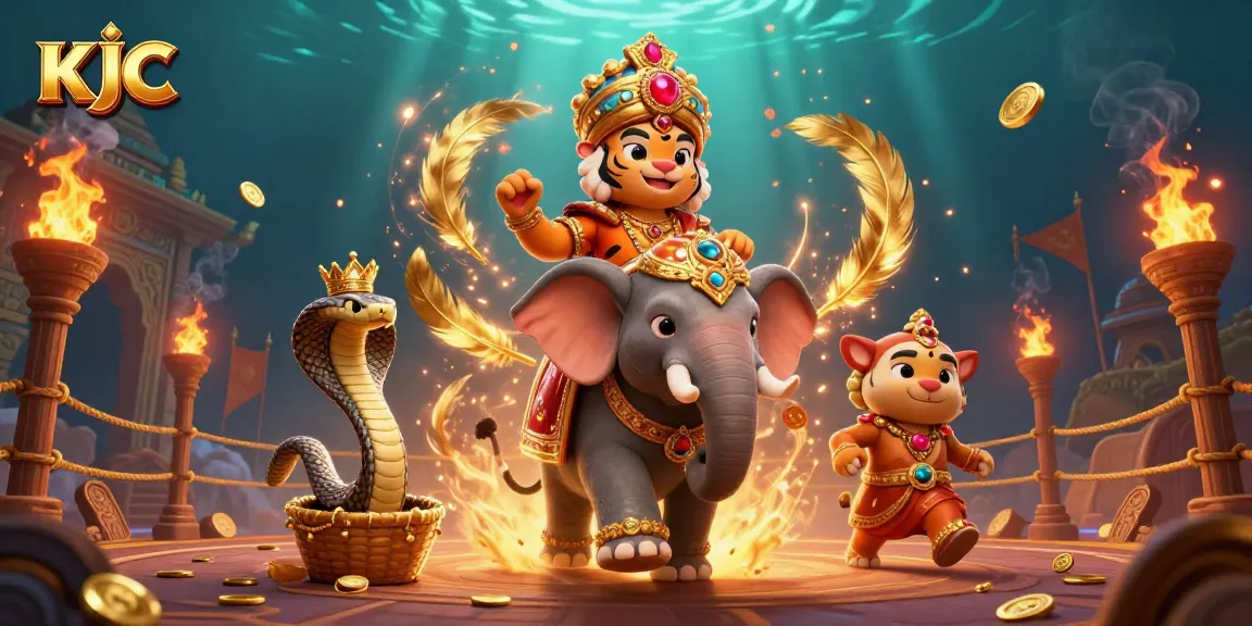 KJC showcases dynamic gameplay with a 3D cartoon Maharaja tiger, jewel-encrusted elephant, and fiery casino elements.