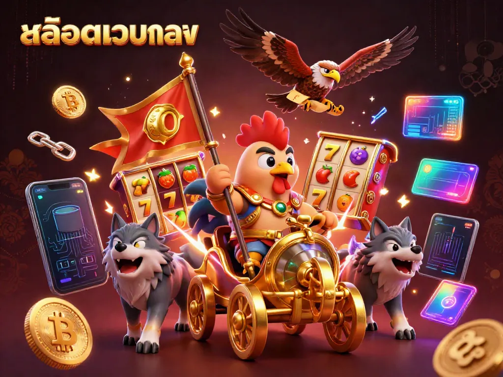 Hit the jackpot with สล็อตเว็บตรง in this vibrant, action-packed casino scene featuring a rooster warlord and crypto elements.