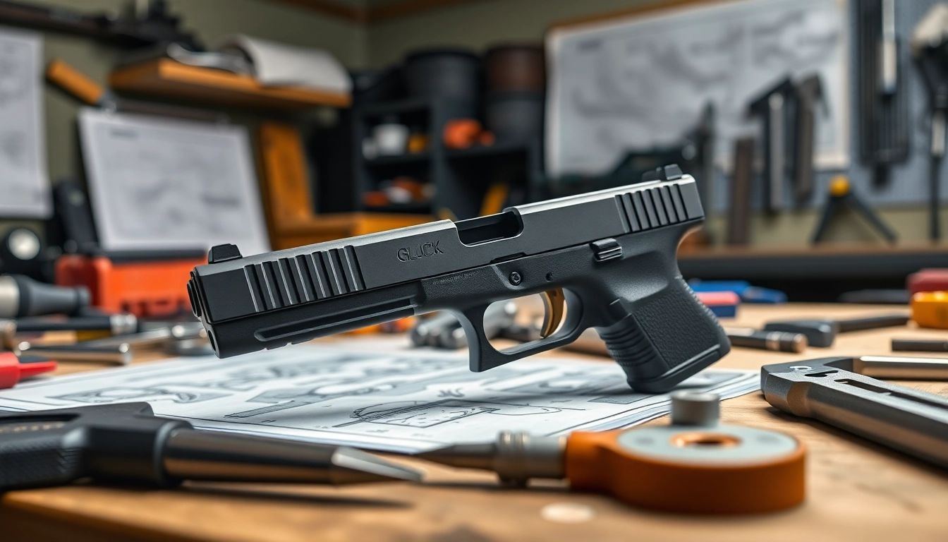 Examine this glock 17 slide displayed in a detailed workshop setup highlighting craftsmanship.