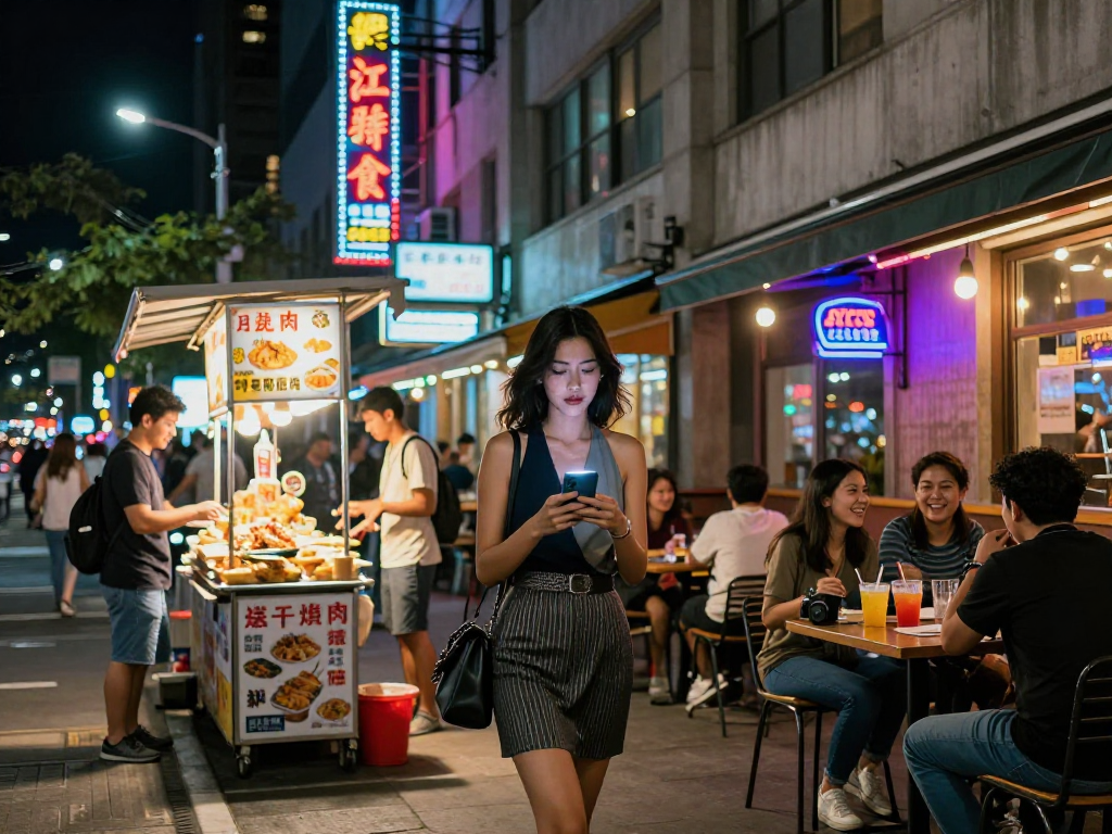 Khung cảnh gái gọi trong đêm phố sôi động với ánh đèn neon và thực phẩm đường phố.