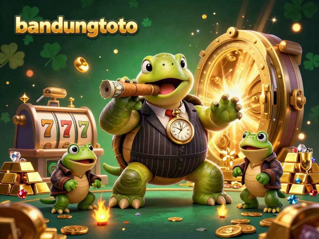 Experience the vibrant world of bandungtoto with a 3D turtle mobster amid riches in a lively casino scene.