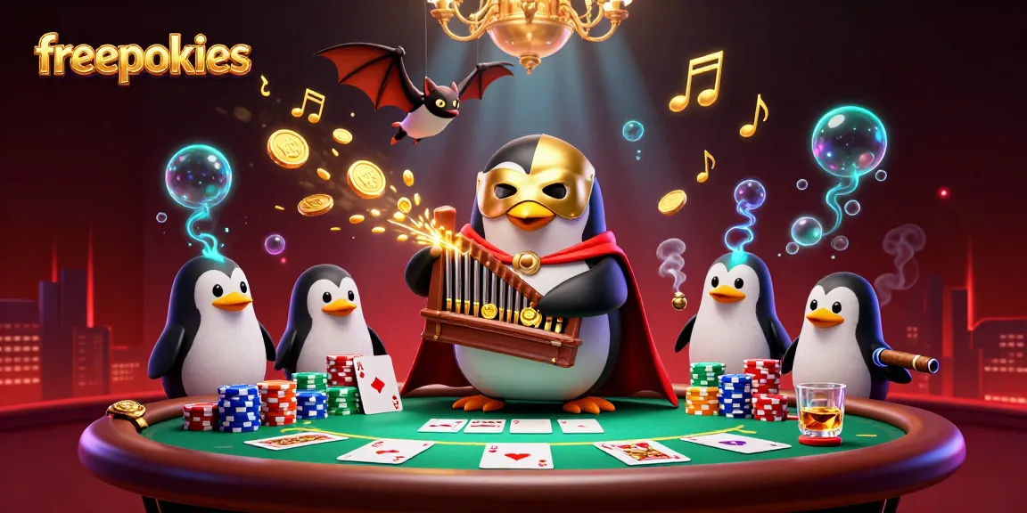 Play freepokies as a 3D cartoon penguin generates golden coins, surrounded by poker elements.