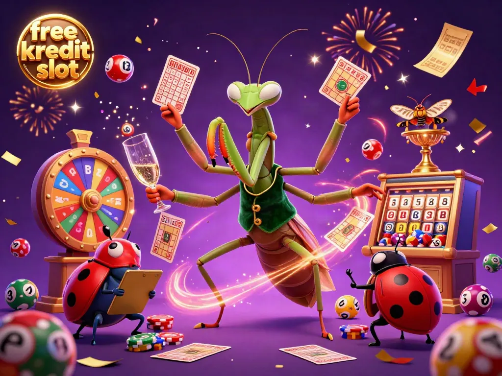 Experience thrilling action with "free kredit slot" in a vibrant 3D casino scene featuring a giant praying mantis and colorful game elements.