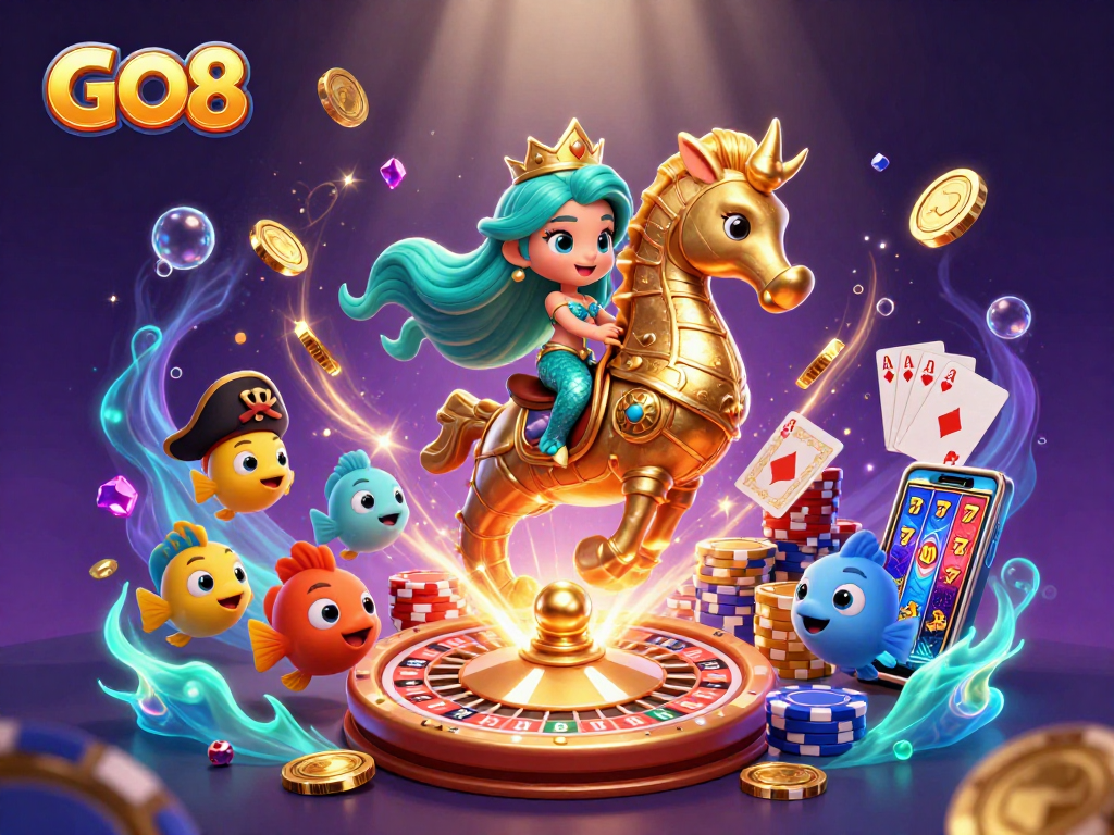 Experience thrilling wins with GO8 in this dynamic 3D casino adventure featuring vibrant characters and games.