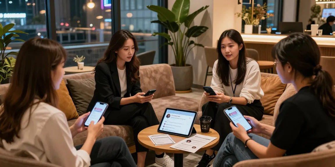 Engaging discussion among users in a stylish lounge about 오피사이트 services, featuring modern decor.