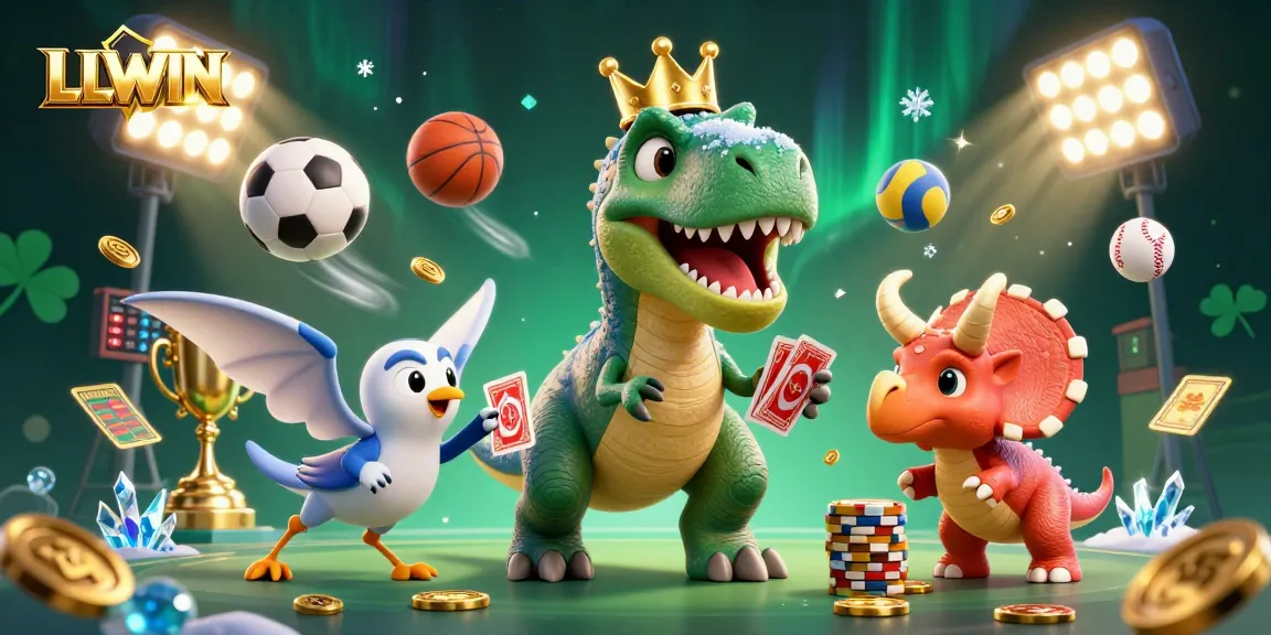 LLWIN showcases a friendly T-Rex and pterodactyl in a vibrant 3D casino scene, featuring dynamic sports elements.