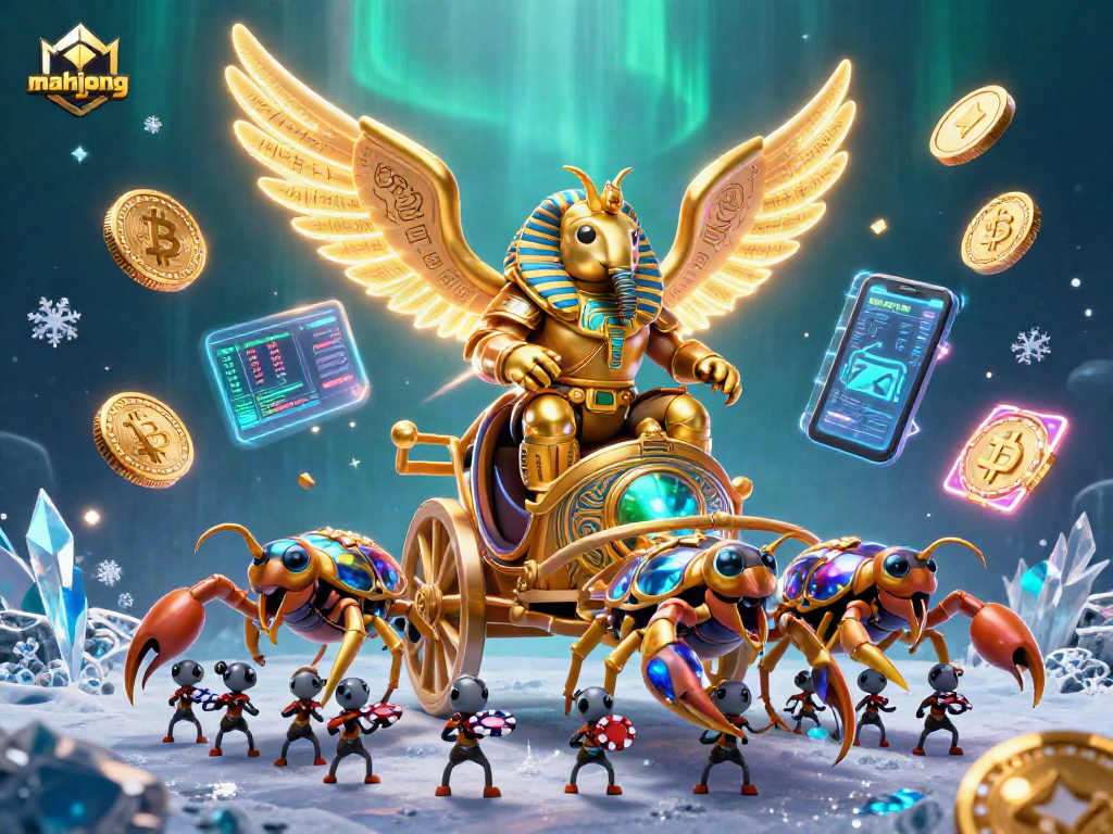 Engage in mahjong with a captivating scene featuring a colossal scarab beetle in pharaoh armor amidst vibrant casino elements.