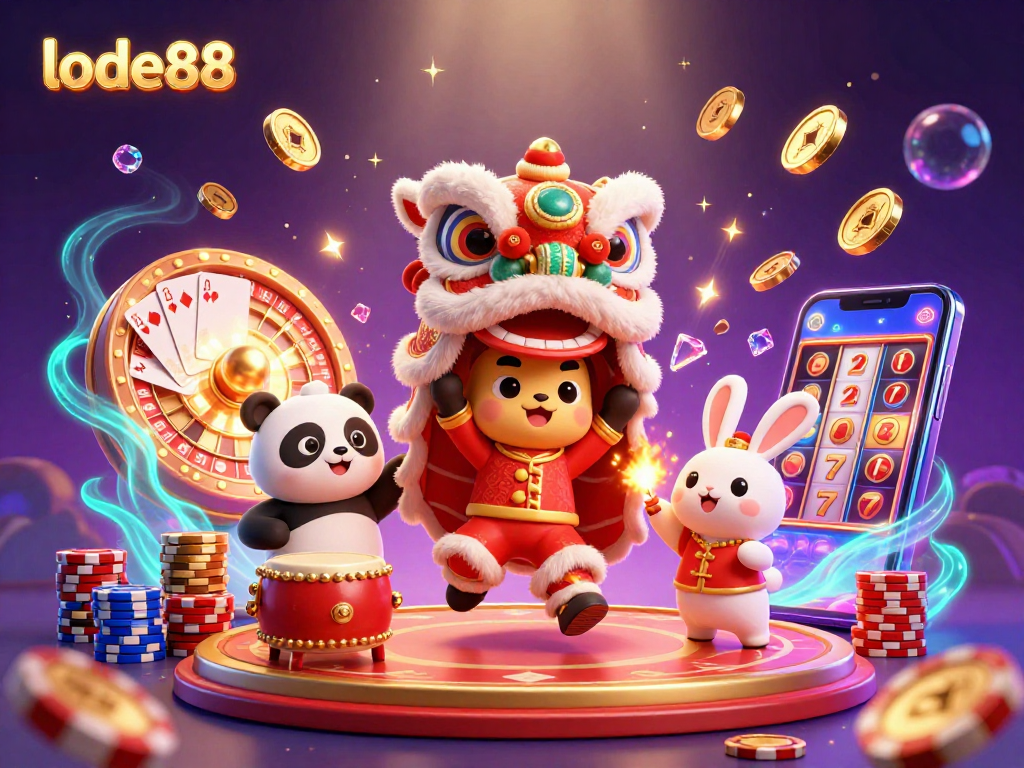 Experience the excitement of lode88 with a vibrant casino-themed lion dance illustration filled with gold coins and roulette.