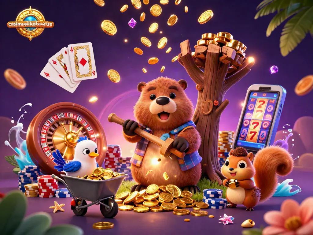 Spin the reels with casinoslikefunrize as a beaver collects coins in a vibrant casino scene.