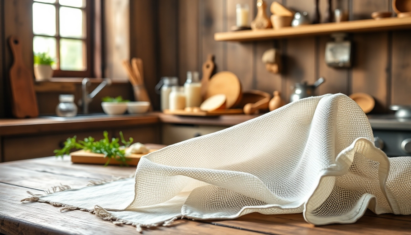 Gebruik neteldoek per meter voor het maken van kaas in een gezellige keukenomgeving.