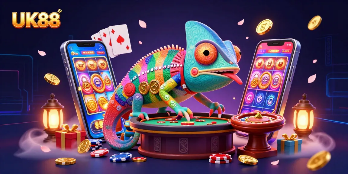 Experience vibrant casino action with the UK88 chameleon owner among golden coins and slot games.