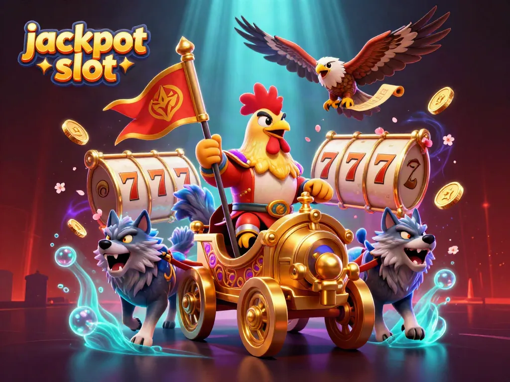 Engage in thrilling adventures with the jackpot slot gaming scene, featuring a rooster warlord and gold treasures.