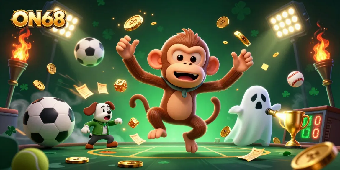 Experience ON68 with an adventurous puppy chasing a mischievous ghost in a dynamic casino scene.