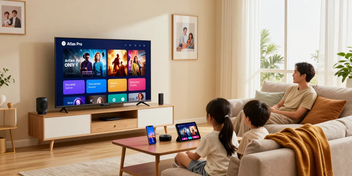 Family using the Atlas Pro ONTV application on a Smart TV in their cozy living room