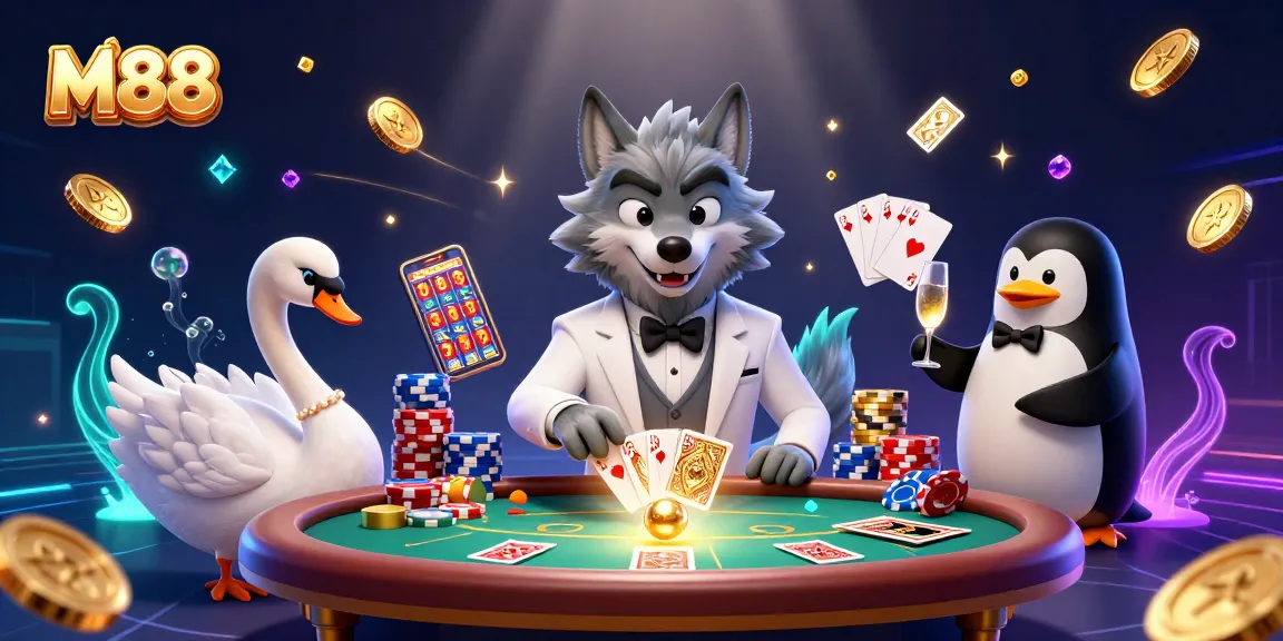 Experience M88's vibrant gaming world with a wolf, swan, and penguin at a baccarat table.