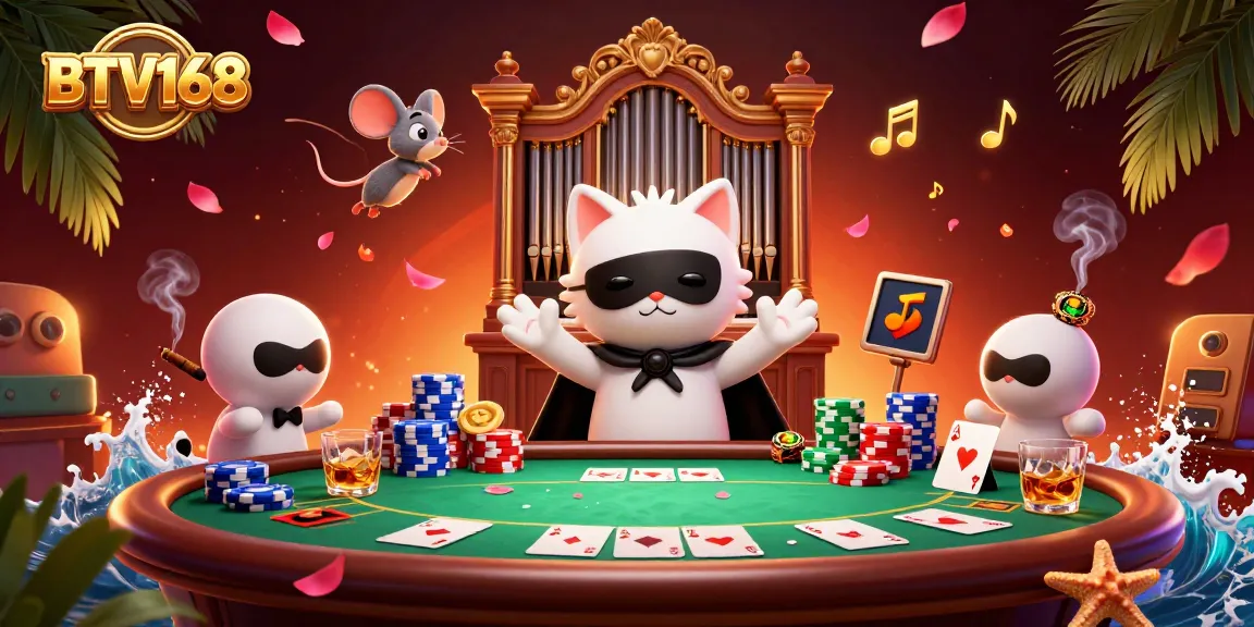 BTV168 offers a vibrant scene with poker elements and a whimsical cat character, showcasing high-stakes gaming.