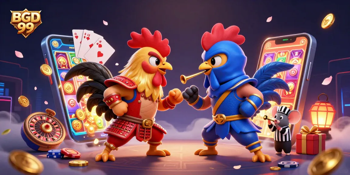 Experience heightened gameplay with BGD 99 as roosters face off in an action-packed casino scene.