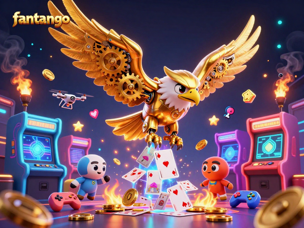 Engage with fantango as a golden eagle dives through colorful gaming elements in a vibrant casino scene.