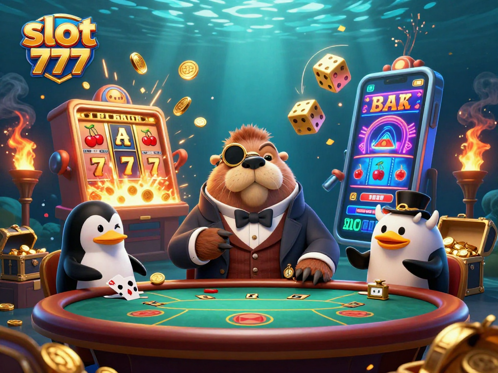 Spin the slot 777 reels with a colorful jackpot explosion amidst the underwater poker scene.