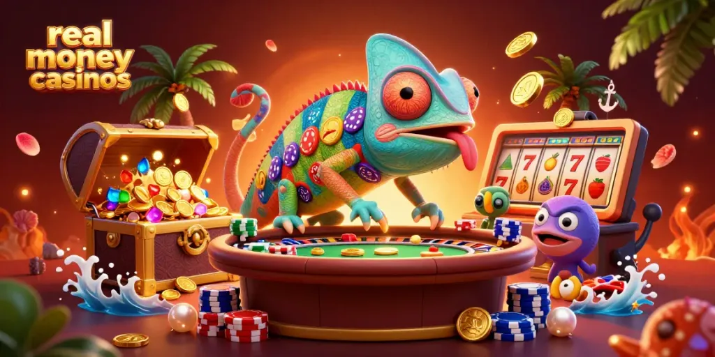 Explore real money online casinos with a vibrant chameleon casino owner amidst rich gaming elements.